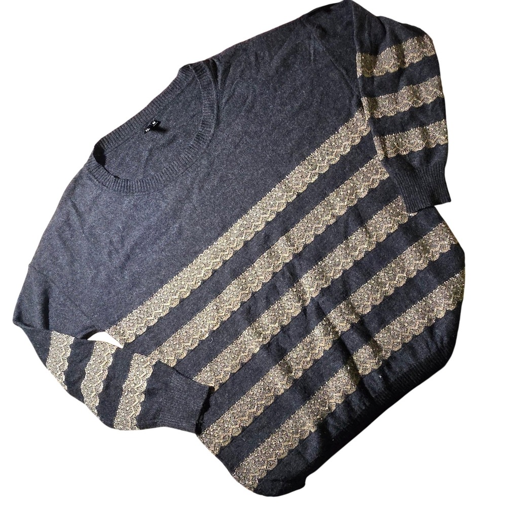 VIP Women's Gray Lace Stripe Angora Blend Sweater Size M Long Sleeve Crew Neck